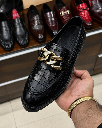 Black Crocodile Chunky Loafers With Gold Chain