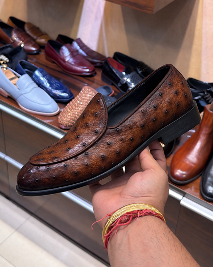 Smokey Brown Real Ostrich Skin Belgian Loafers