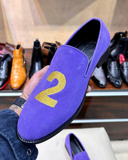 Gold “2X” Hand-embroidered Purple Suede Loafers