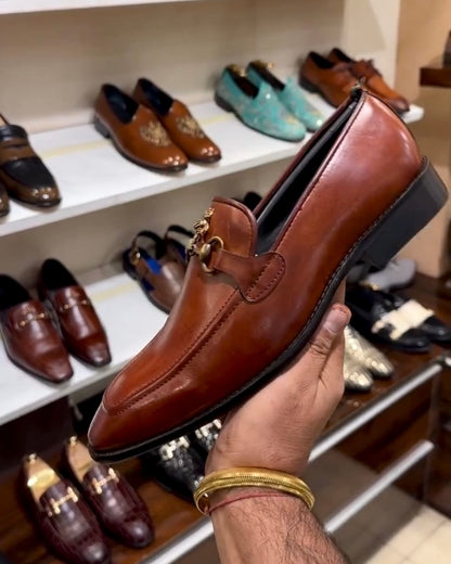 Cognac Tan Horsebit Loafers with Bee
