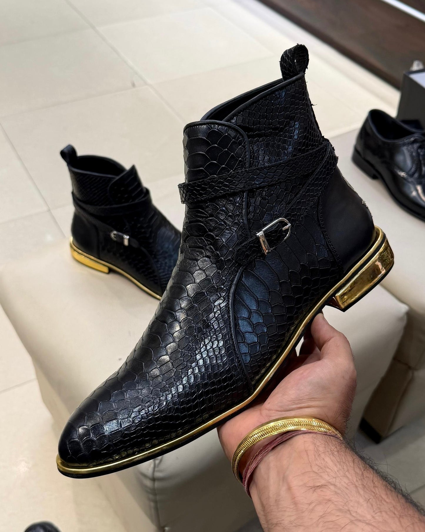Black Cobra Scaled Jodhpur Boots with Gold Heel & Side Welt