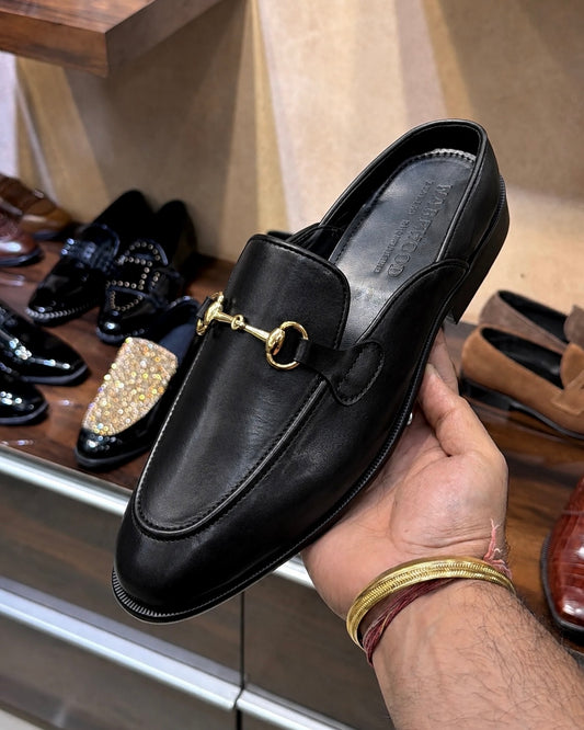 Black Calfskin Leather Mules With Gold Horsebit
