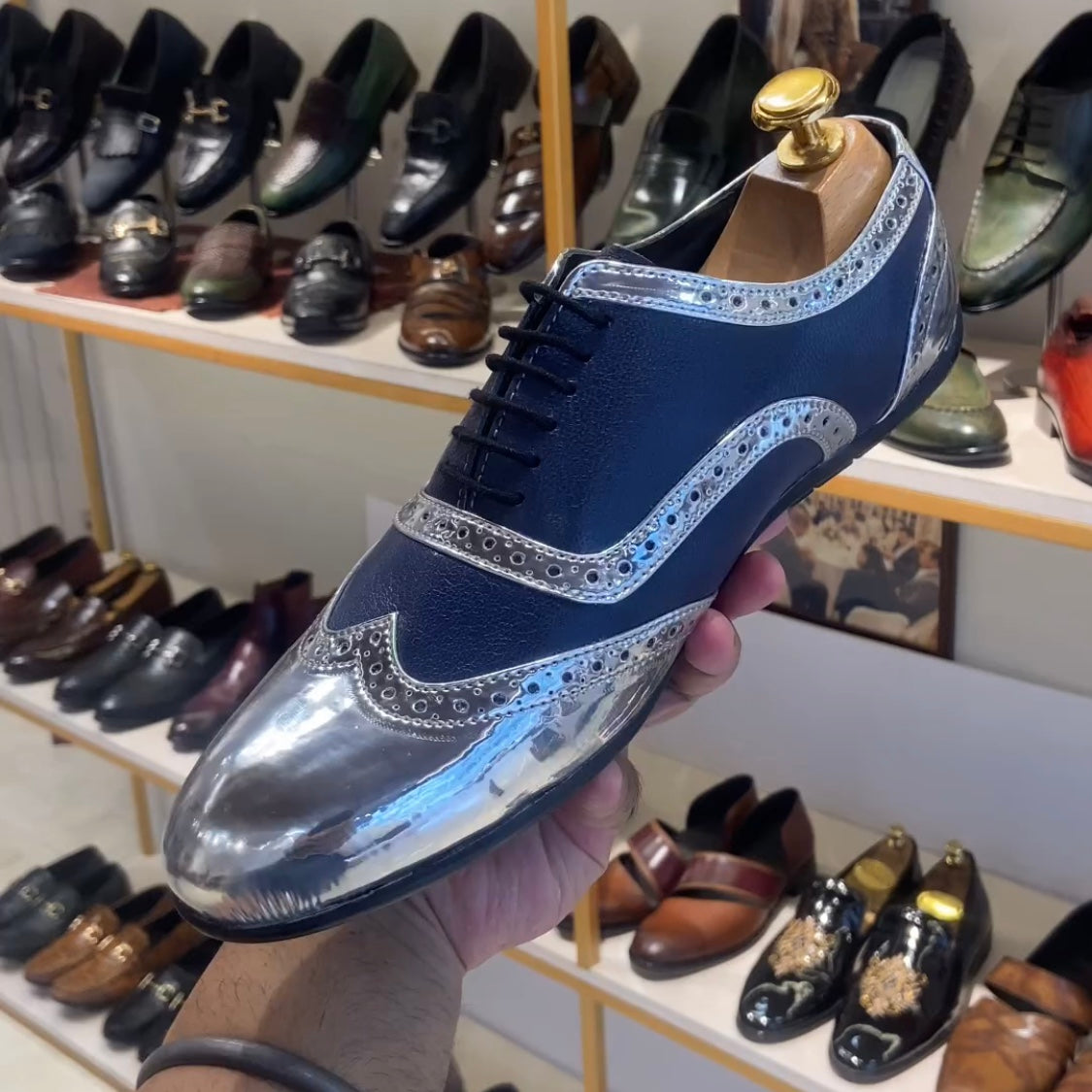 Silver Patent Semi-brogue Wingtip Spectator Oxfords with Rubber Sole