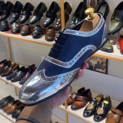 Silver Patent Semi-brogue Wingtip Spectator Oxfords with Rubber Sole