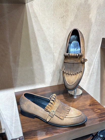 Burnished Beige Suede Fringes Moccasins