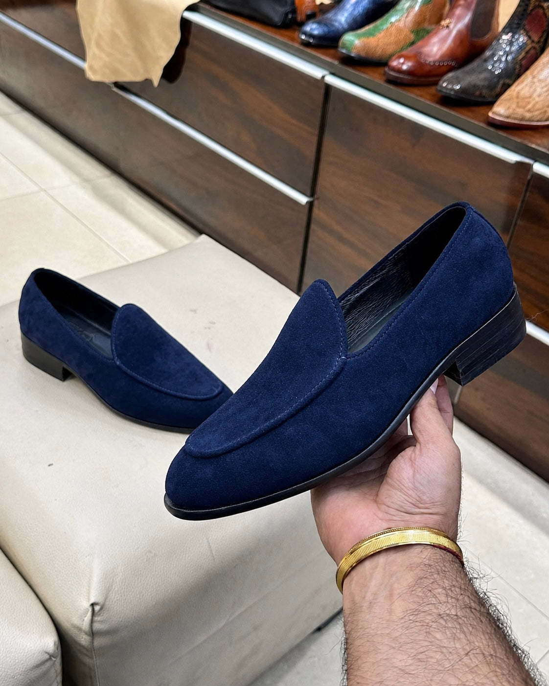 Navy Blue Suede Belgian Loafers