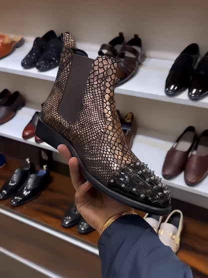 Exotic Gold Snake Scaled Studded Toe Chelsea Boots