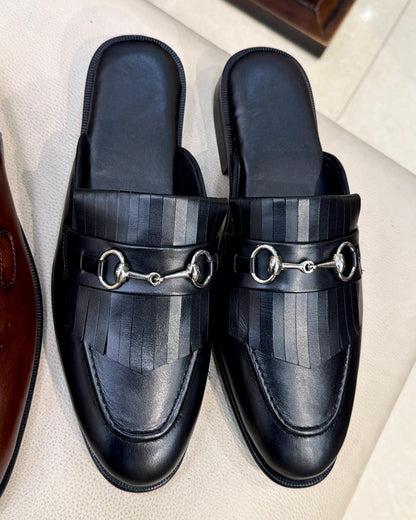 Black Italian Leather Fringes Mules with Silver Horsebit