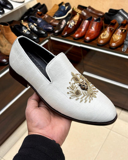White Raw Silk Hand-embroidered Loafers