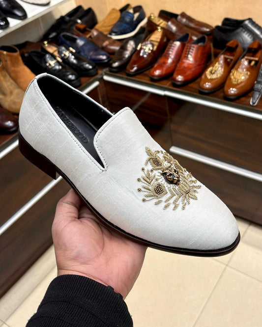 White Raw Silk Hand-embroidered Loafers