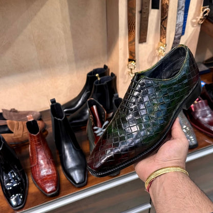 Dark Green & Burgundy Criss-cross Leather Whole-cut Oxfords
