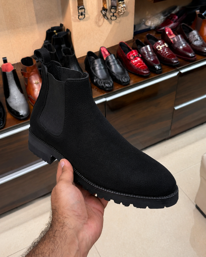 Chunky Black Suede Lug Sole Chelsea Boots