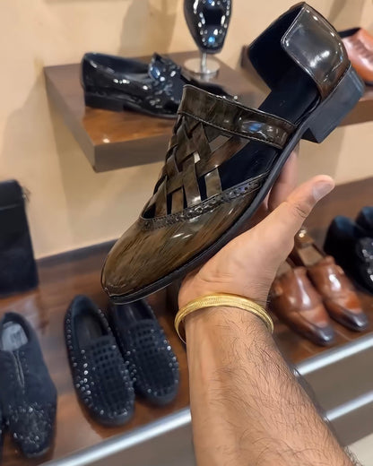 Dark Brown Wood Finish Criss-cross Braided Sandals