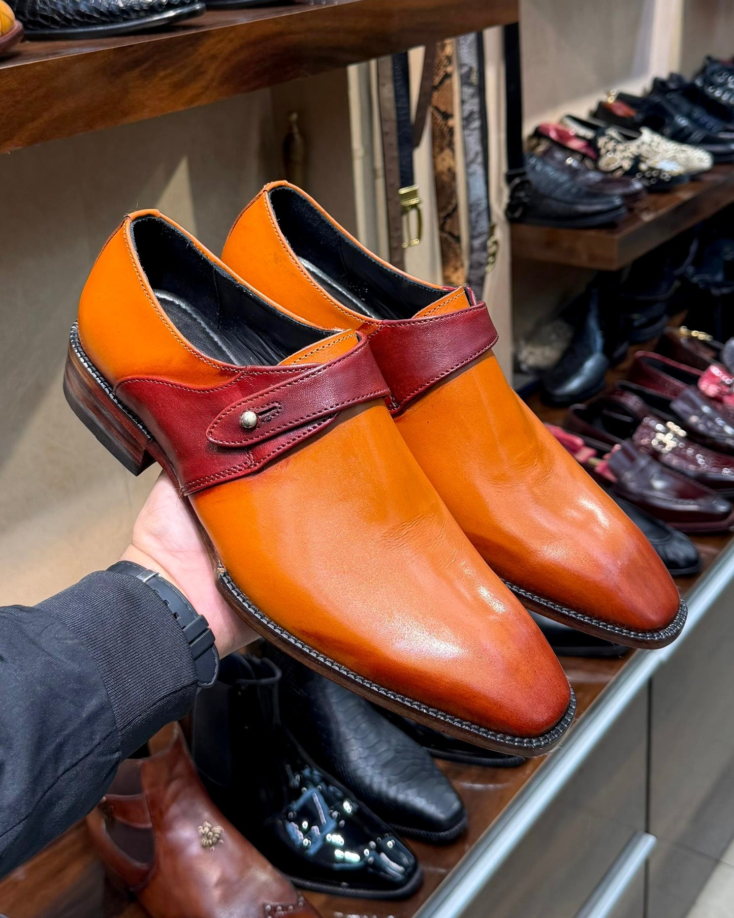 Custom Tan & Burgundy Single Monk Strap Shoes