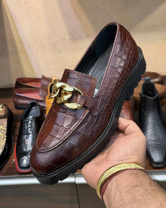 Medium Brown Croco Gold Chain Lug Sole Loafers