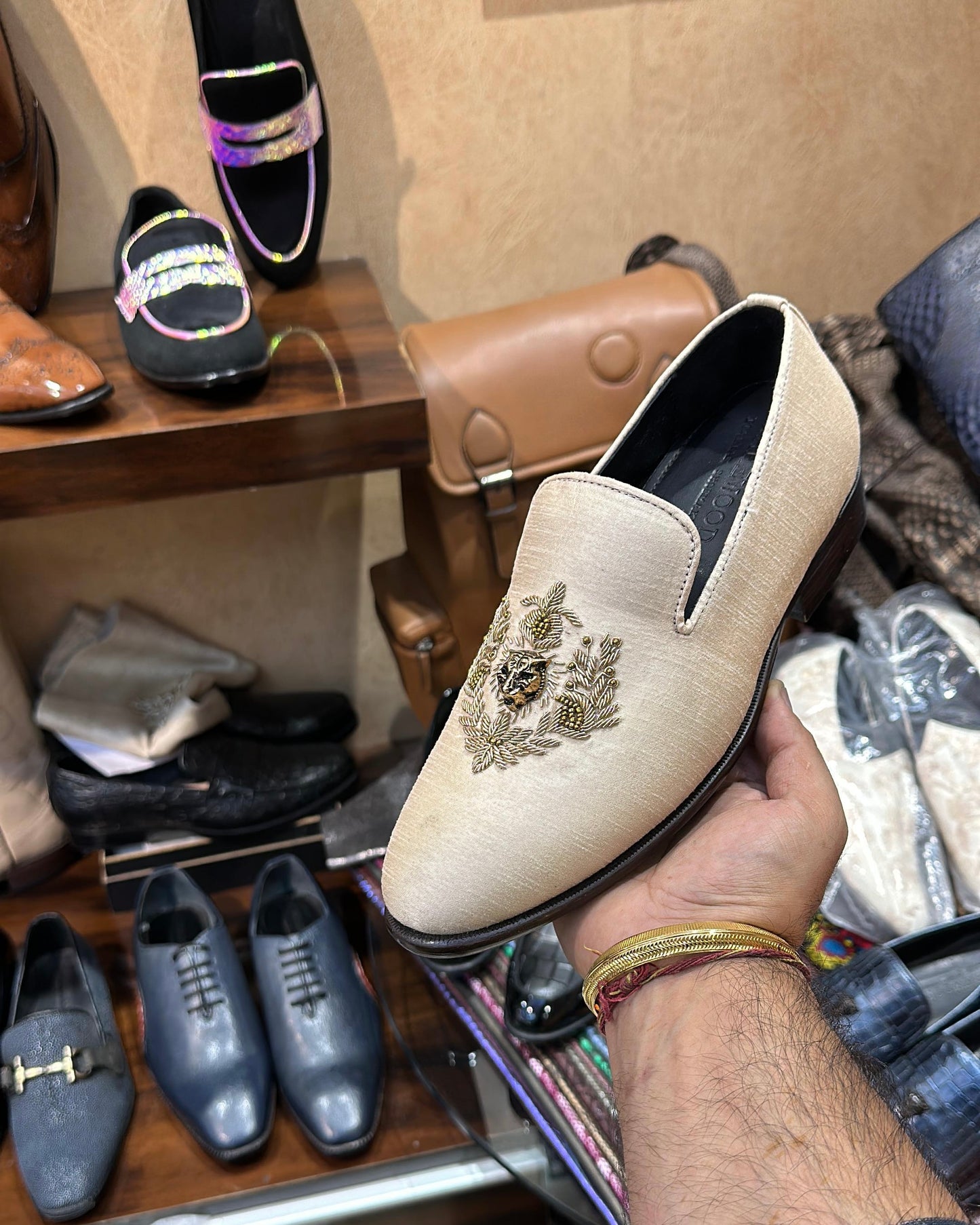 Gold Zardozi Work on Beige Silk Moccasins