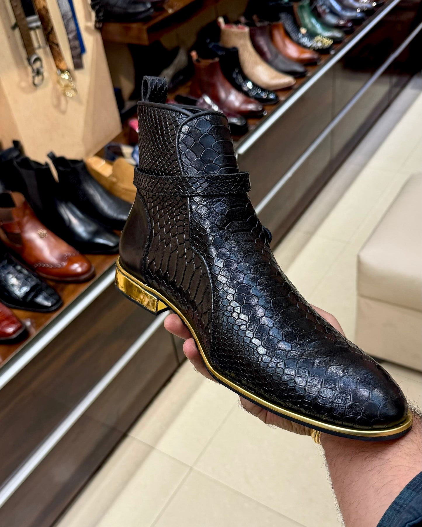 Black Cobra Scaled Jodhpur Boots with Gold Heel & Side Welt
