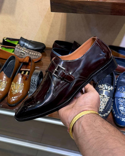 Burgundy Smooth Calf Leather Single Monk Strap Shoes