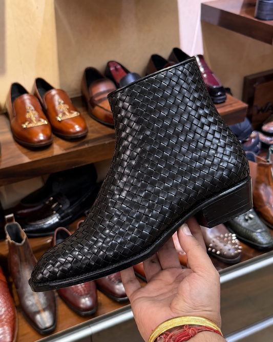 Black Hand-woven Leather Zip Boots With Cuban Heel