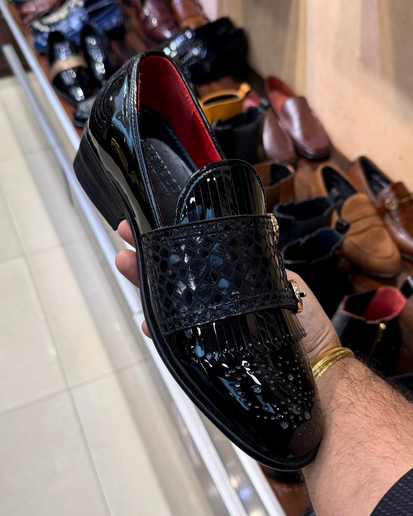 Black Patent Leather Fringe Snake Foil Monk Strap Loafers