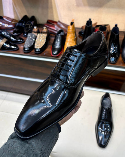 Black Smooth Calf Leather Oxfords with Perforations