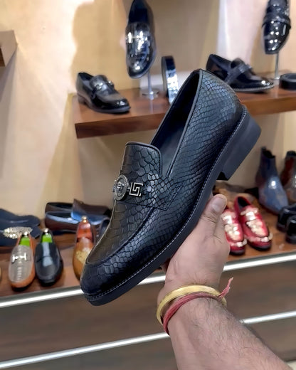 Designer Black Cobra Scaled Slip-on Loafers