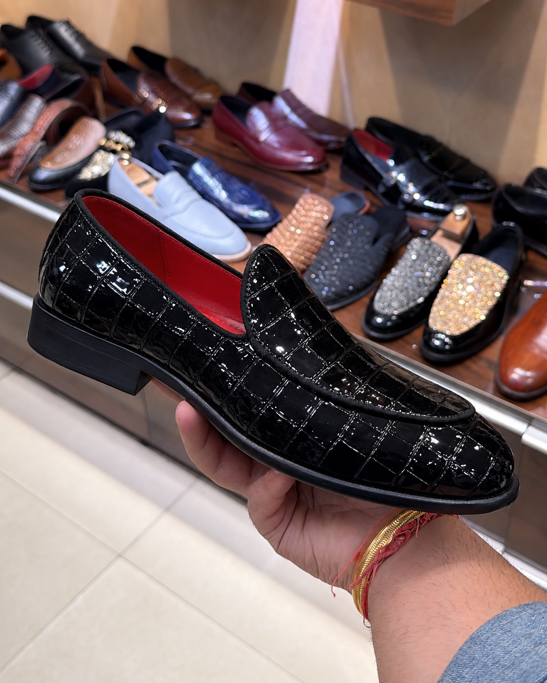 Black Patent Croco Belgian Loafers With Red Interior
