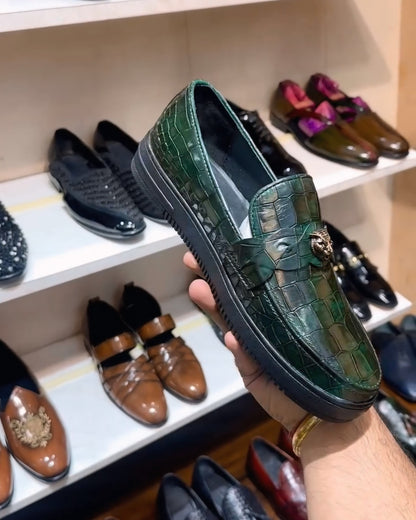 Dark Green Crocodile Scaled Sneakers