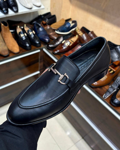 Black Gold Textured Horsebit Loafers in Calfskin Leather