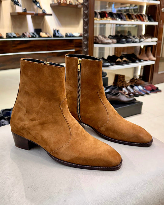 Tan Suede High-top Zip Boots with Cuban Heel