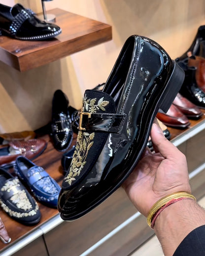 Black Patent Leather Gold Hand-embroidered Spectator Loafers