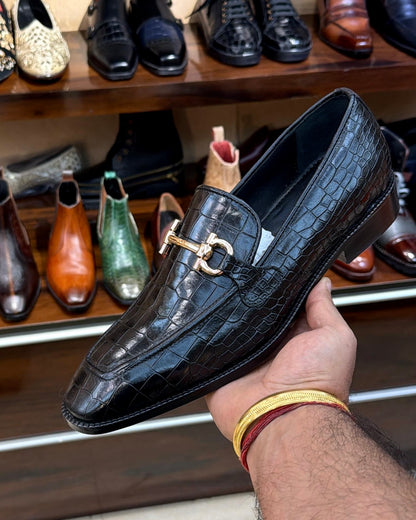 Black Croco Gold Horsebit Square Toe Loafers