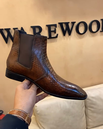 Brown Snake Scaled Chelsea Boots