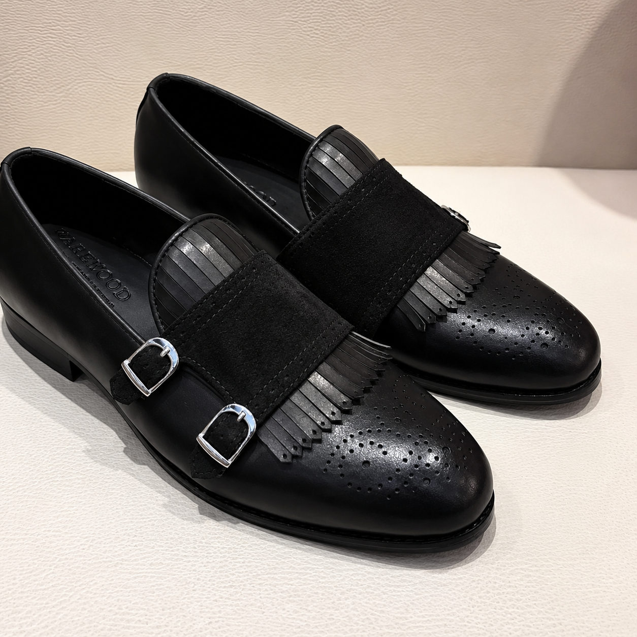 Black Calfskin Leather & Black Suede Fringe Double Monk Strap Loafers