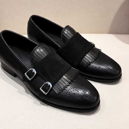 Black Calfskin Leather & Black Suede Fringe Double Monk Strap Loafers