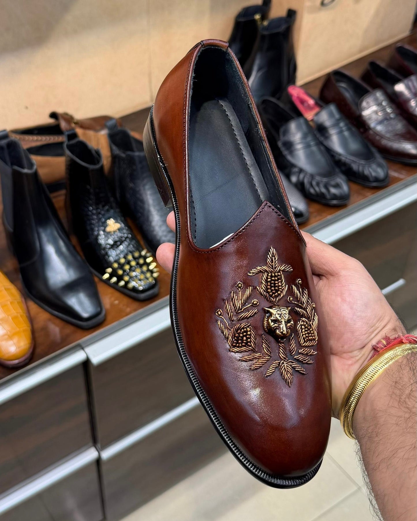 Chestnut Brown Patina Gold Hand-embroidered Mojaris