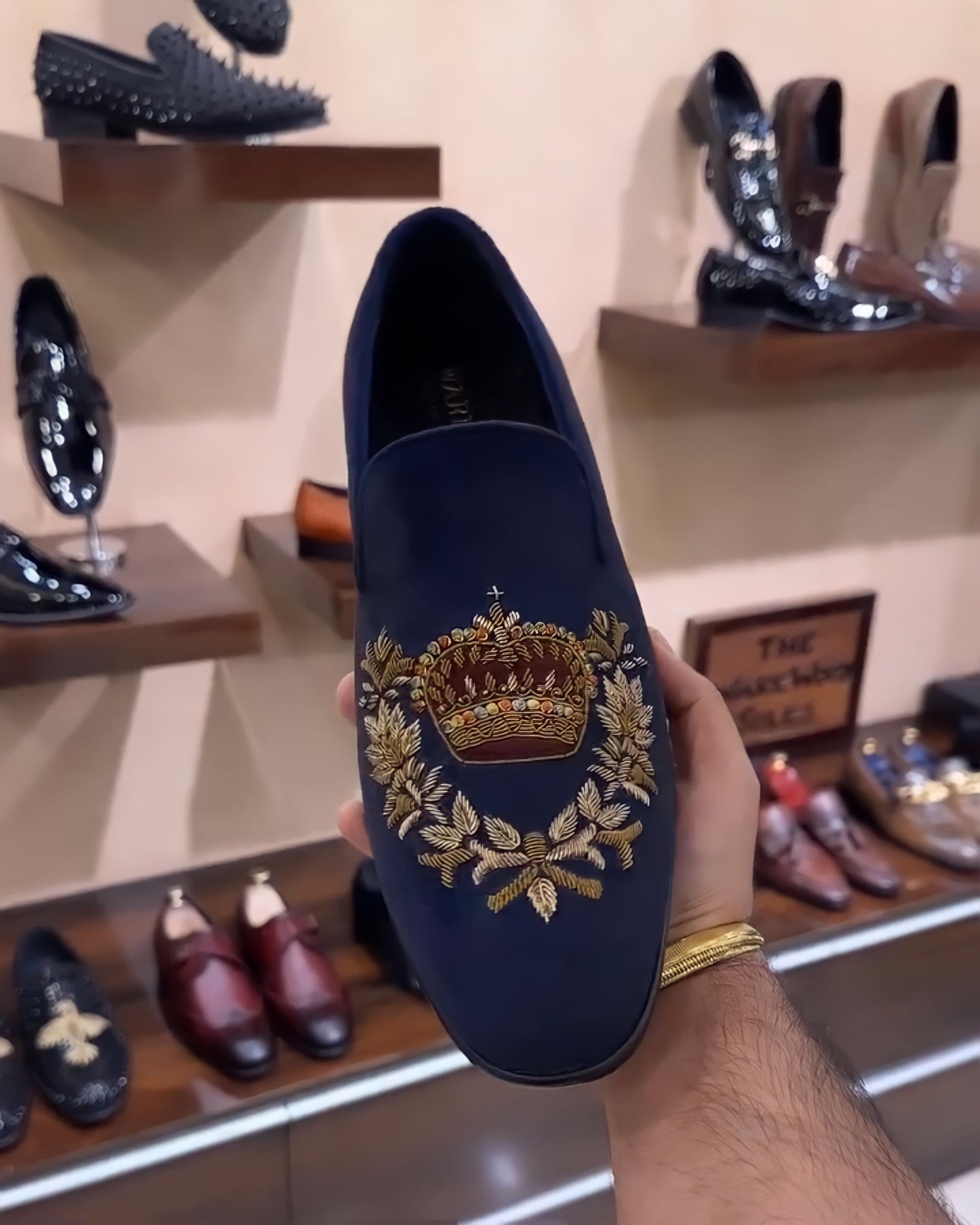 Navy Suede Crown Embroidery Slip-ons