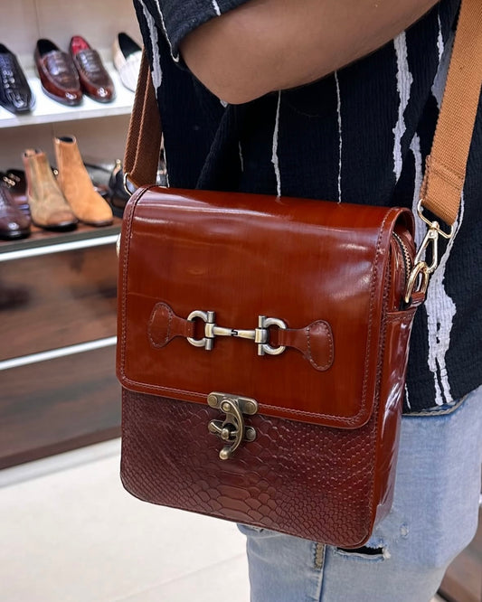 Custom Cognac Brown Cobra Scaled Sling Bag