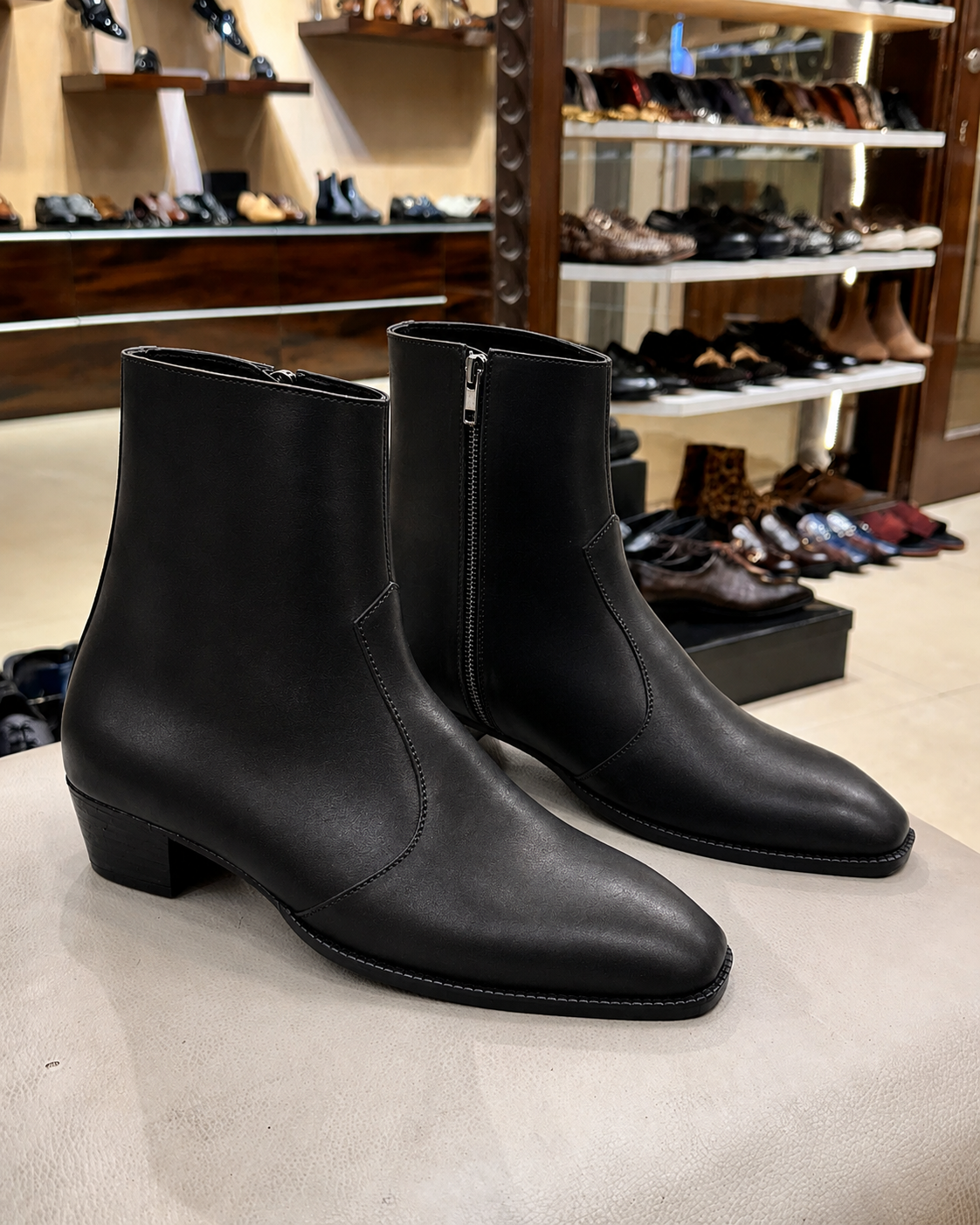 High-top Black Calfskin Leather Boots With Cuban Heel
