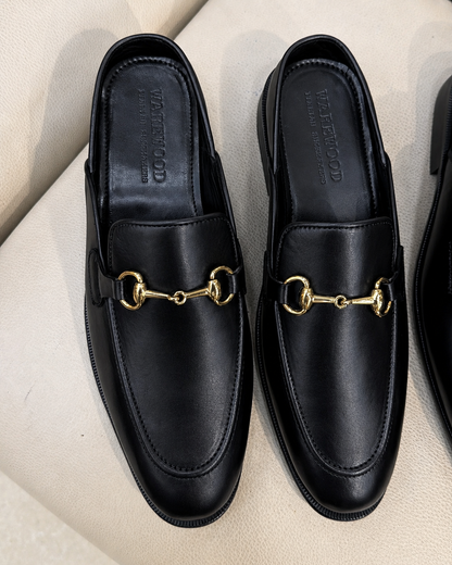 Black Calfskin Leather Mules With Gold Horsebit