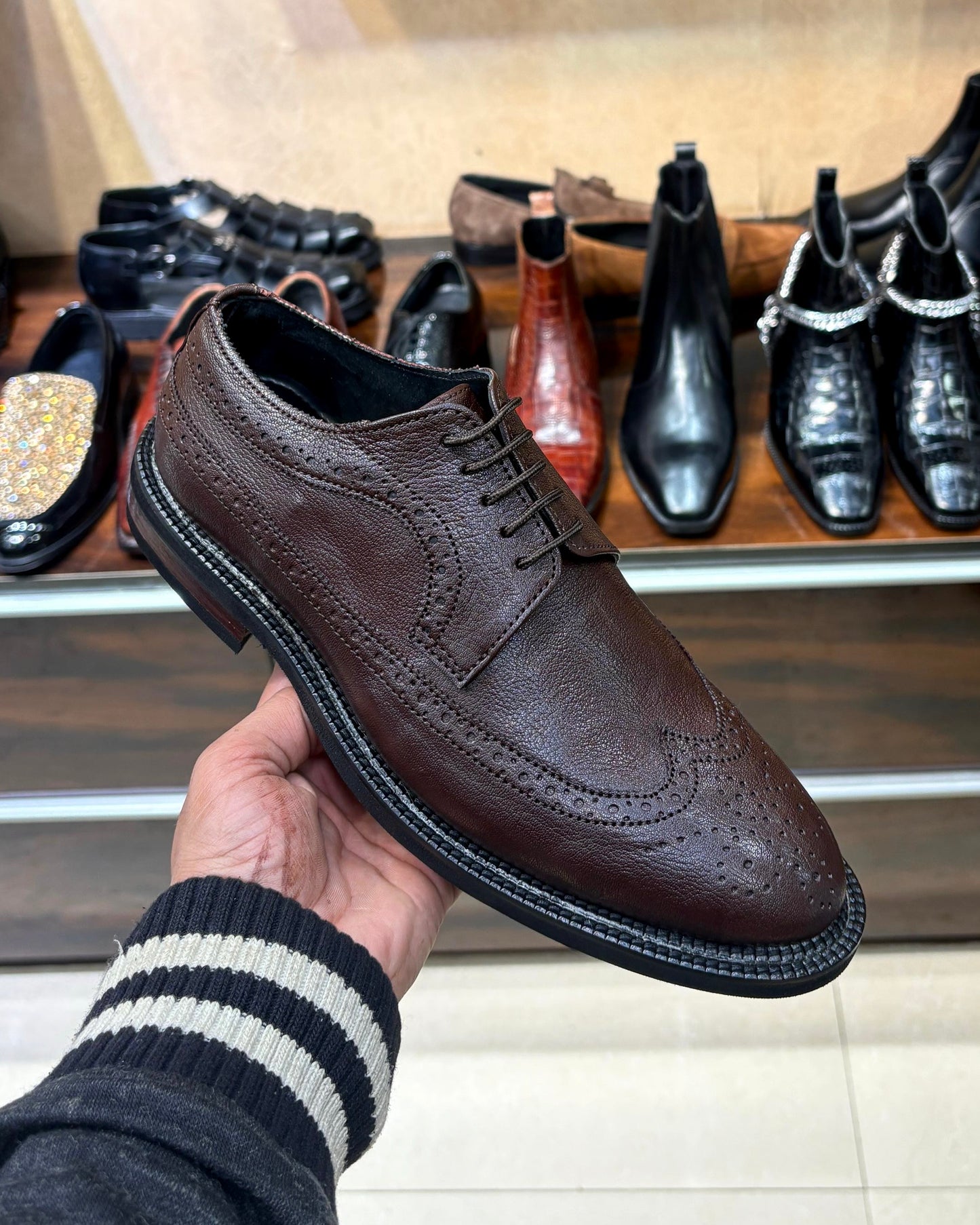 Brown Longwing Derby Shoes with Brown Wood-Finish Heel and Dainite Sole