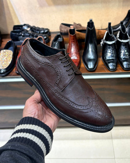 Brown Longwing Derby Shoes with Brown Wood-Finish Heel and Dainite Sole