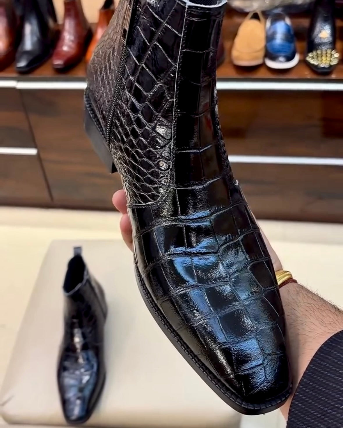 Jet Black Italian Crocodile Scaled Leather Boots with Side Zip