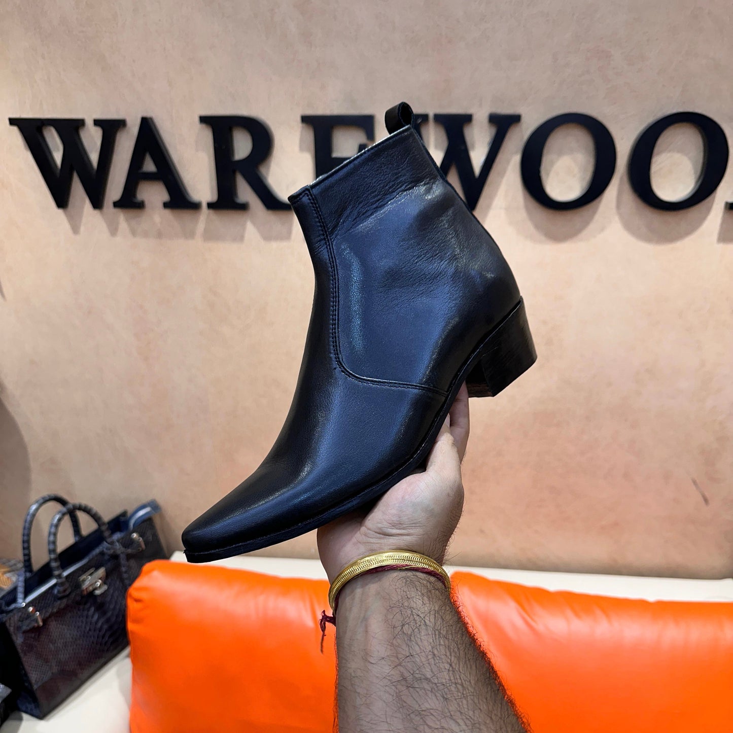 Black Calf Skin Leather Zipper Boots