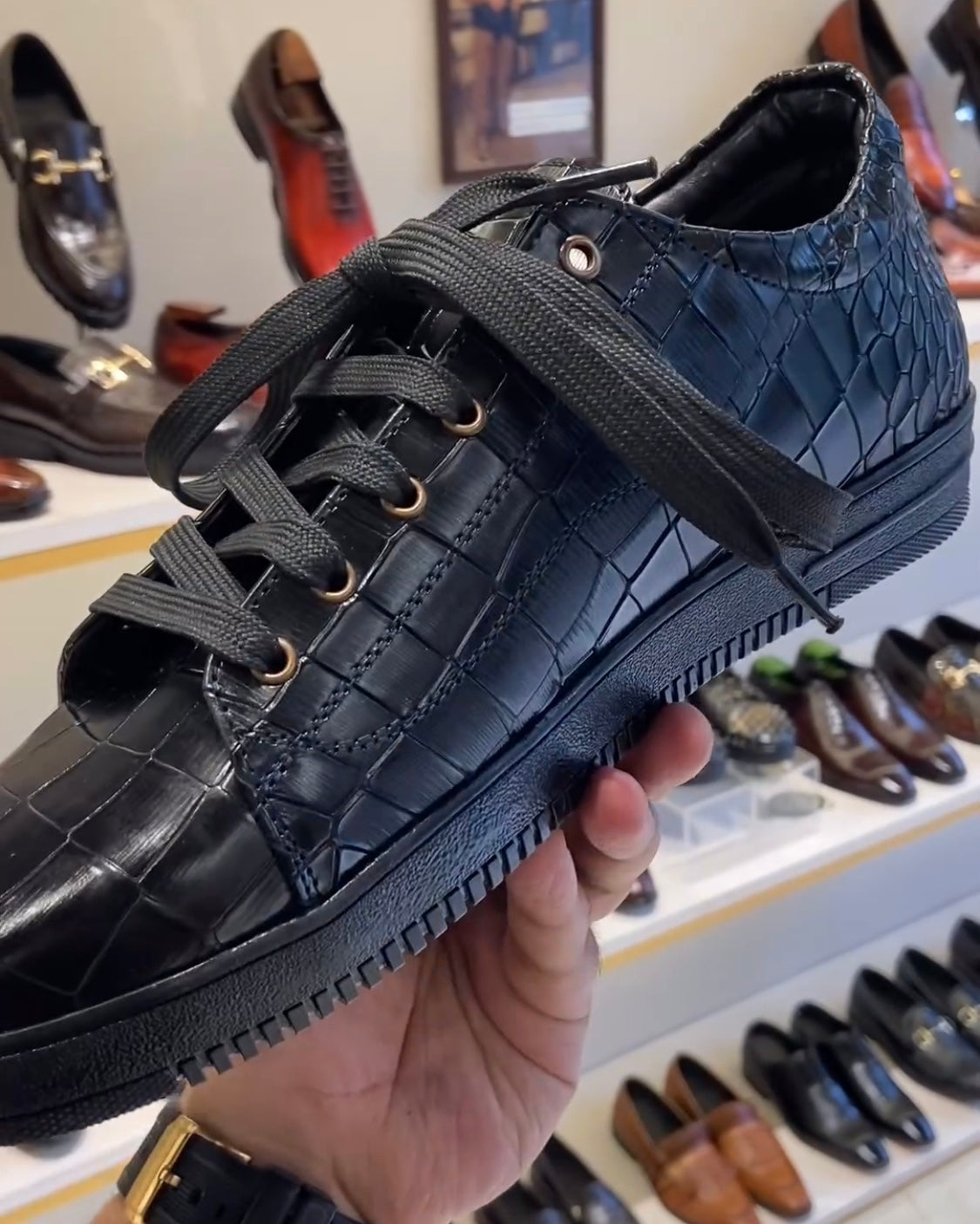 Charcoal Black Croc Scaled Sneakers