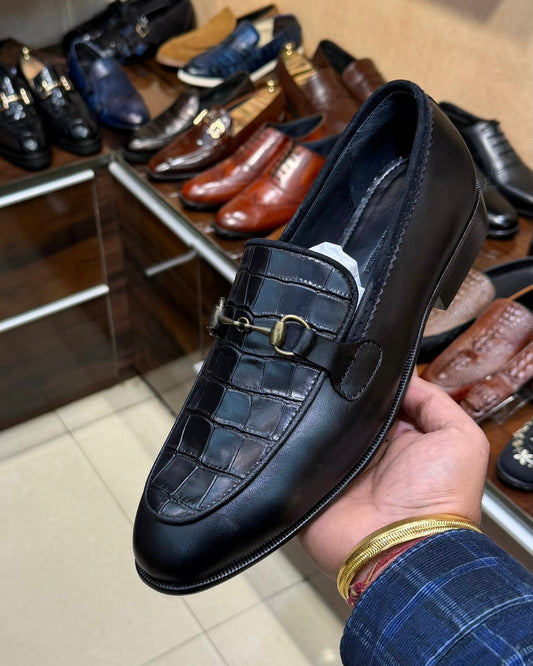 Jet Black Italian Crocodile Scaled Horsebit Loafers