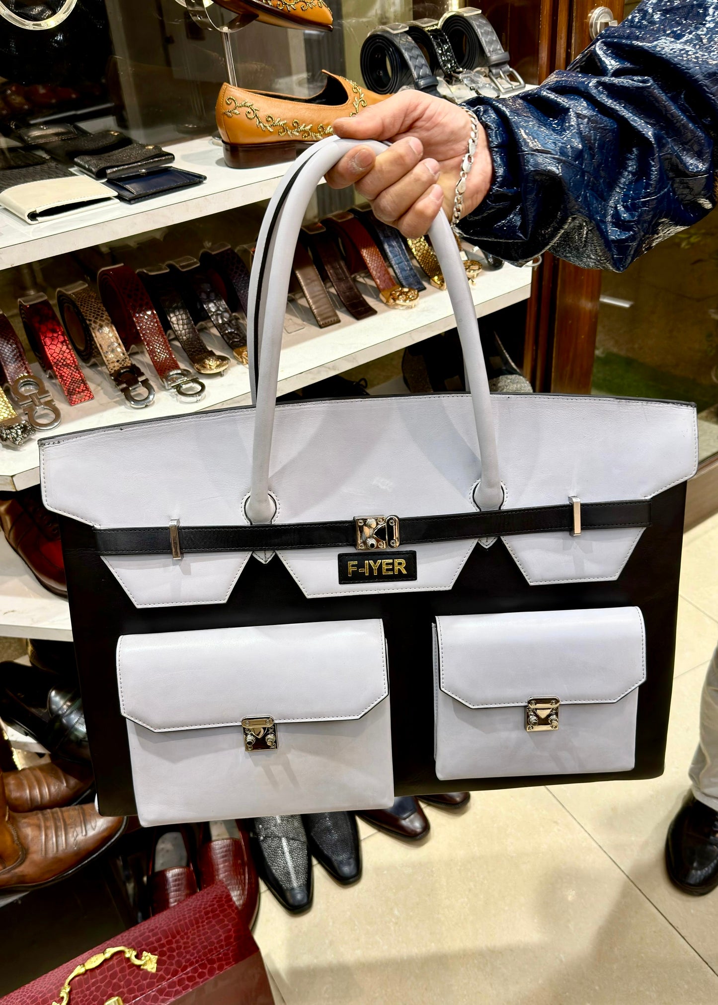 Custom Grey & Black Calfskin Leather Duffel Bag