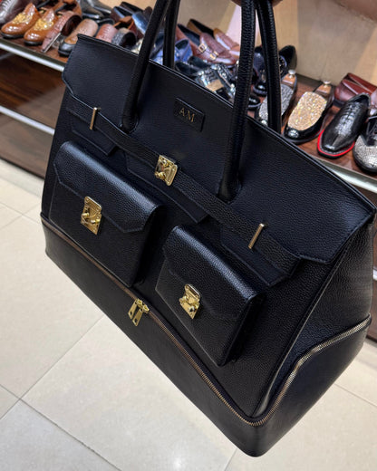 Black Full Grain Leather Travel Bag With Bottom Shoe Compartment