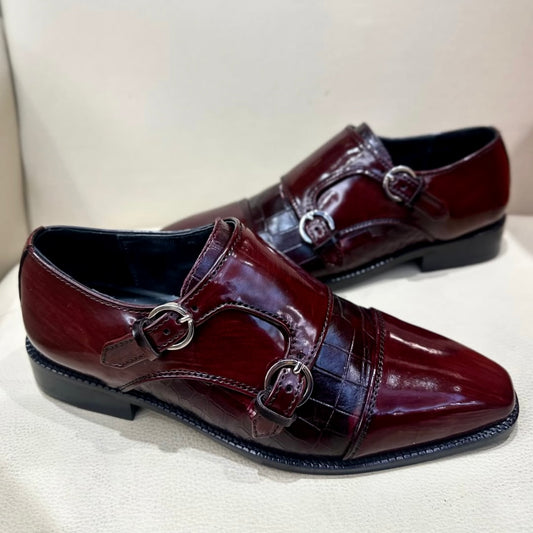 Burgundy Patina Double Monk Straps with Croc Leather