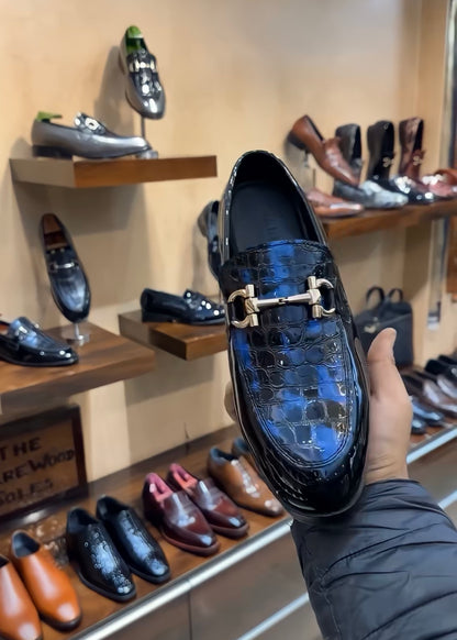 Black-blue Crocodile Spectator Moccasins